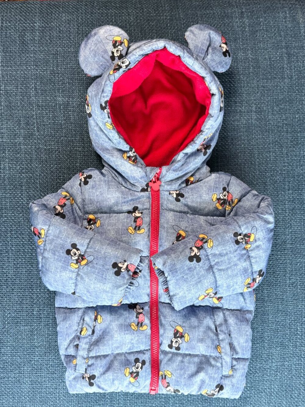 Disney Baby MICKEY MOUSE Puffer Jacket 12-18M Blue Winter Coat Hood Ears 4936HMK